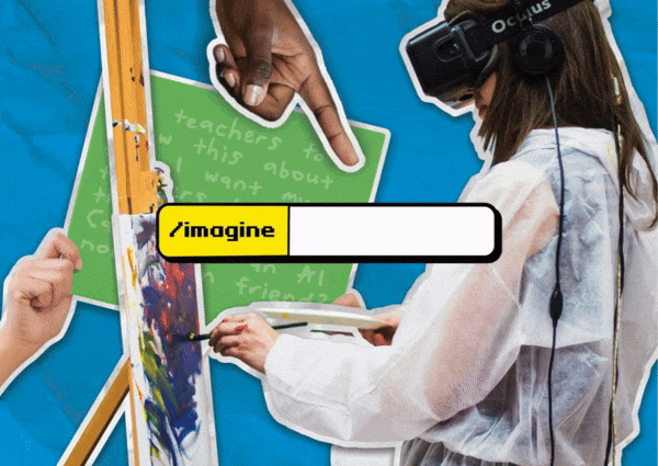 An animated collage with an artist wearing a virtual realist headset and painting on an easel, a chalkboard, and a pointed finger. The blue background flashes different textures. A text box in the middle types out 'Responsible AI'.