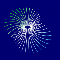 Silver lines fan out in a circle against a dark blue background.