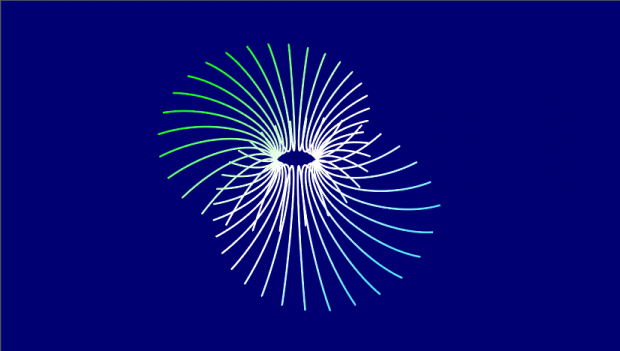 Silver lines fan out in a circle against a dark blue background.