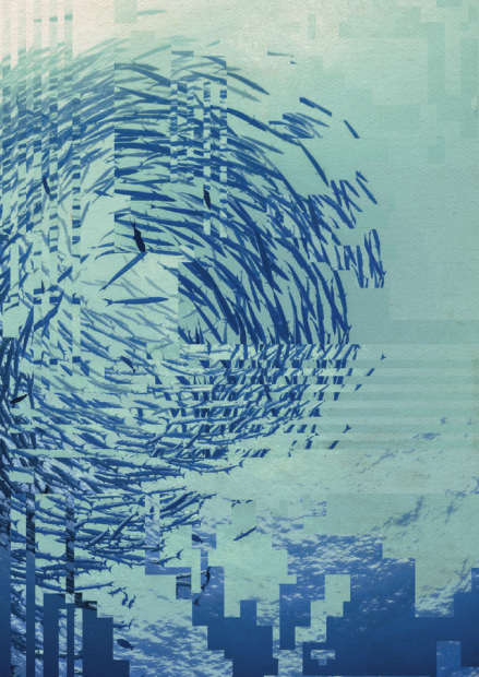 An underwater photo taken looking up to a large circular school of fish while the sun sparkles in the blue water. However, the image is slightly distorted by digital artefacts.