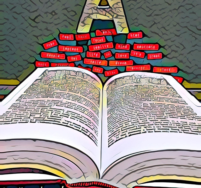 A black keyboard at the bottom of the picture has an open book on it, with red words in labels floating on top, with a letter A balanced on top of them. The perspective makes the composition form a kind of triangle from the keyboard to the capital A. The AI filter makes it look like a messy, with a kind of cartoon style.