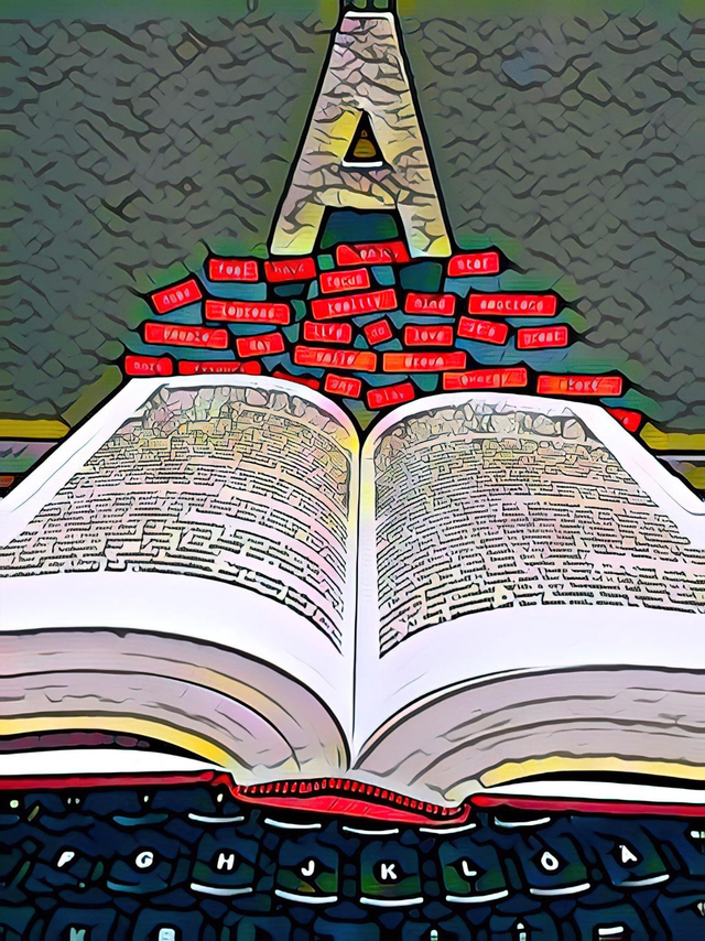 A black keyboard at the bottom of the picture has an open book on it, with red words in labels floating on top, with a letter A balanced on top of them. The perspective makes the composition form a kind of triangle from the keyboard to the capital A. The AI filter makes it look like a messy, with a kind of cartoon style.