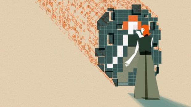 This image shows an individual with orange hair interacting with a large, abstract digital mirrored structure. The structure is composed of squares in varying shades of green, orange, white, and black which are pieced together to reflect the individual’s figure. The figure's hand is extended as if pointing to or interacting with the mirrored structure. Behind the structure are streams of binary code (0s and 1s) in orange, flowing towards the digital grid.