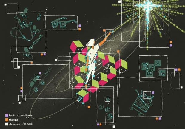 The painting shows a person standing on a staircase made of green and pink cubes, symbolising a Penrose staircase, in a cosmic environment. The person is reaching towards a glowing cross-shaped structure emitting binary code, representing AI's reach into the future. Surrounding the figure are outlined boxes showing various elements, such as glasses, medical tools, a self-driving car, and financial symbols, interconnected by white lines. The background is dark with star-like dots and features colour-coded boxes which mark different elements as relating to AI, human involvement, a combination of both, or an area uncharted by AI and humans.