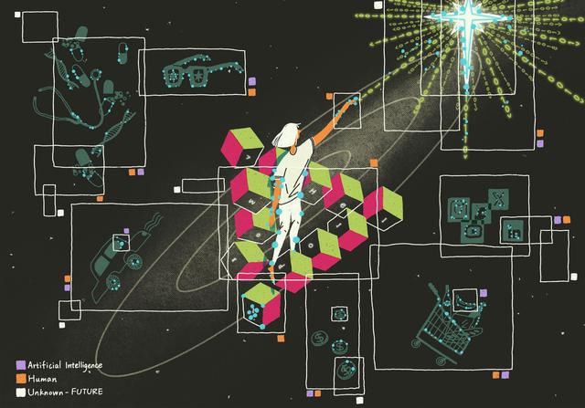 The painting shows a person standing on a staircase made of green and pink cubes, symbolising a Penrose staircase, in a cosmic environment. The person is reaching towards a glowing cross-shaped structure emitting binary code, representing AI's reach into the future. Surrounding the figure are outlined boxes showing various elements, such as glasses, medical tools, a self-driving car, and financial symbols, interconnected by white lines. The background is dark with star-like dots and features colour-coded boxes which mark different elements as relating to AI, human involvement, a combination of both, or an area uncharted by AI and humans.