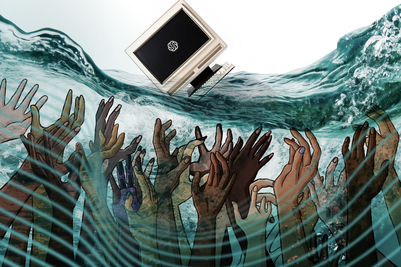 A computer monitor with a parody of a tech company logo floats on the waves while human hands reach up from the depths.